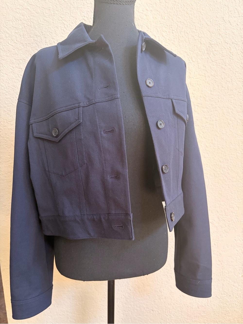 Classic Cropped Navy Button-Up Jacket - Picture 2 of 6